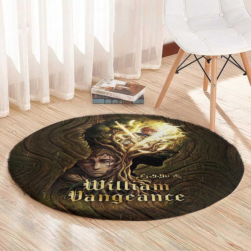 William Vangeance Black Clover Round Carpet Enchanted Woodgrain Style with Duality and Golden Mask Motif