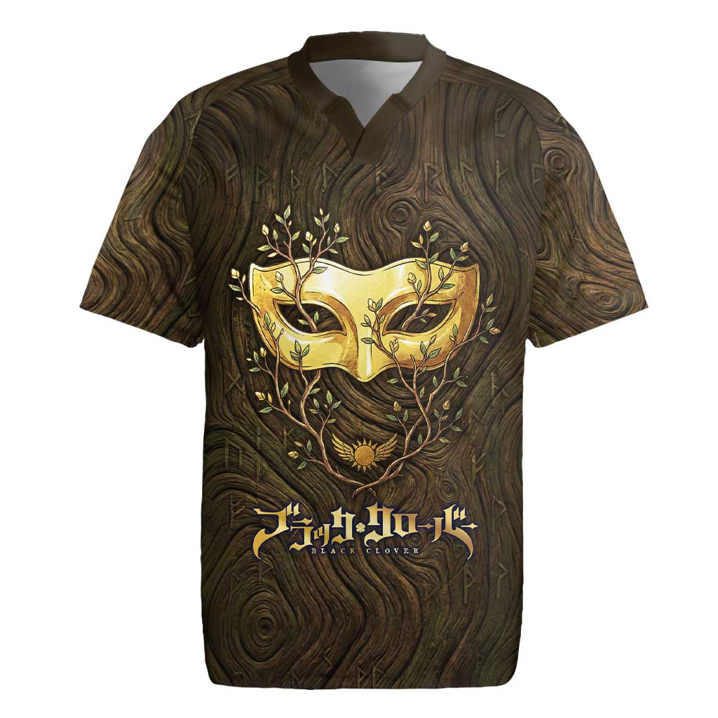 William Vangeance Black Clover Rugby Jersey Enchanted Woodgrain Style with Duality and Golden Mask Motif