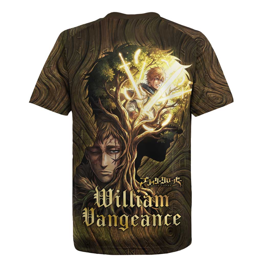William Vangeance Black Clover Rugby Jersey Enchanted Woodgrain Style with Duality and Golden Mask Motif