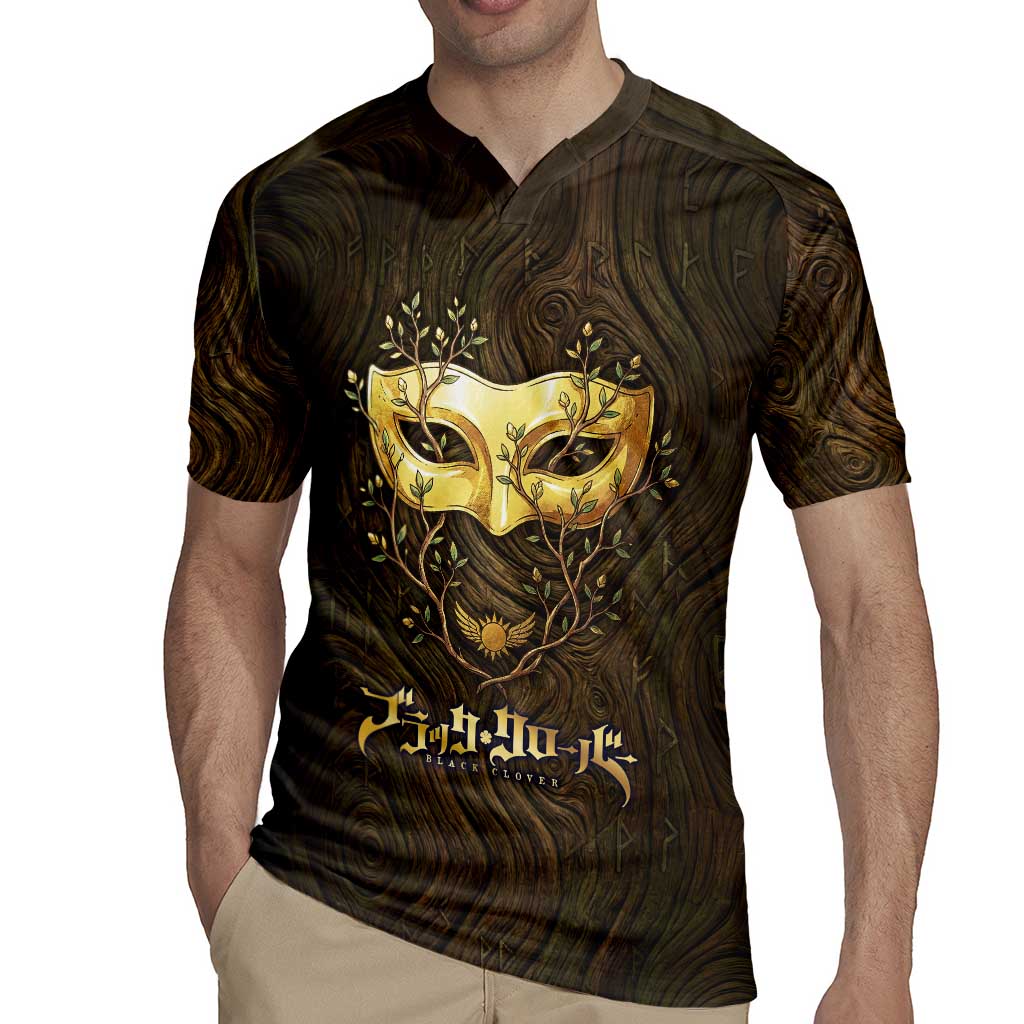 William Vangeance Black Clover Rugby Jersey Enchanted Woodgrain Style with Duality and Golden Mask Motif