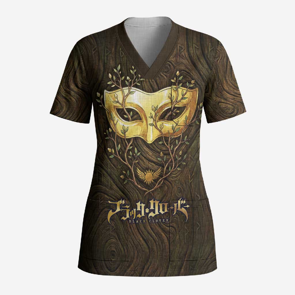 William Vangeance Black Clover Scrub Top Enchanted Woodgrain Style with Duality and Golden Mask Motif