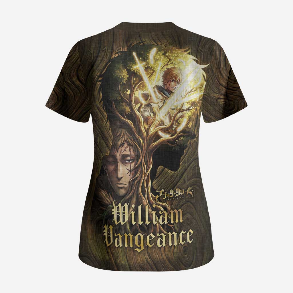 William Vangeance Black Clover Scrub Top Enchanted Woodgrain Style with Duality and Golden Mask Motif