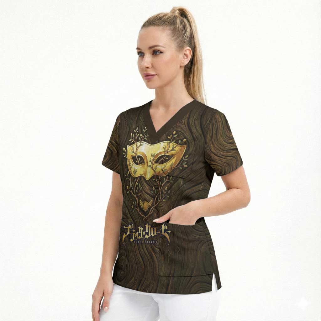 William Vangeance Black Clover Scrub Top Enchanted Woodgrain Style with Duality and Golden Mask Motif