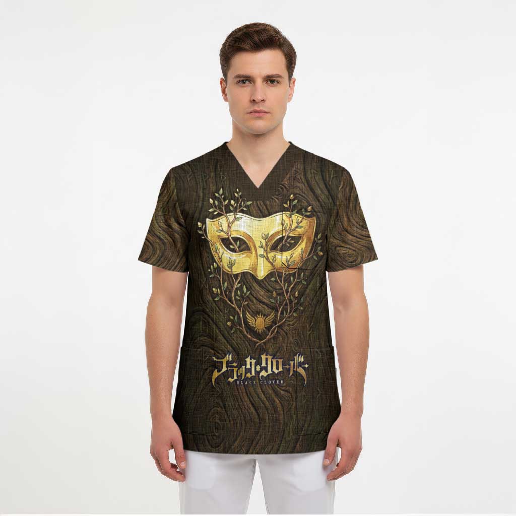 William Vangeance Black Clover Scrub Top Enchanted Woodgrain Style with Duality and Golden Mask Motif