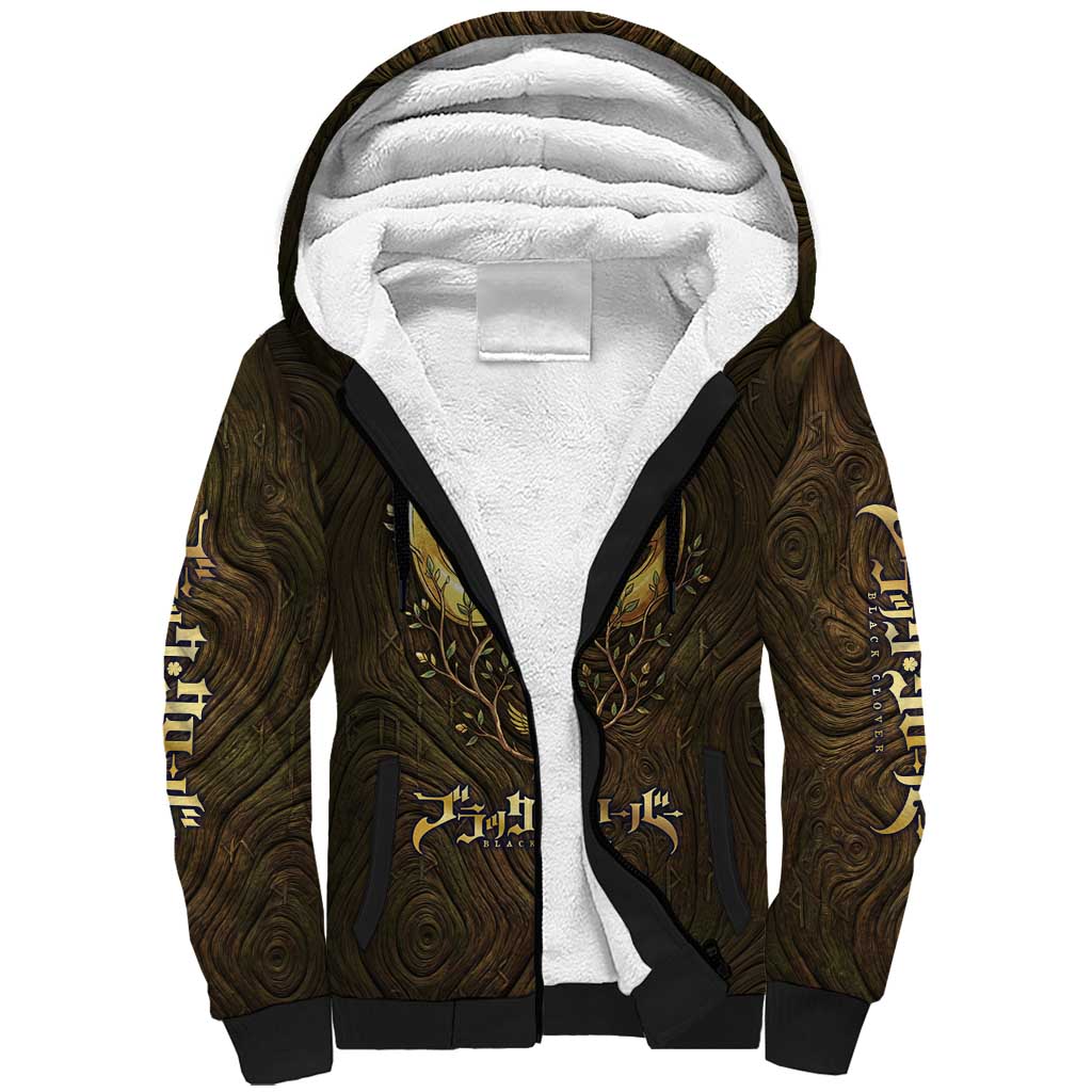 William Vangeance Black Clover Sherpa Hoodie Enchanted Woodgrain Style with Duality and Golden Mask Motif