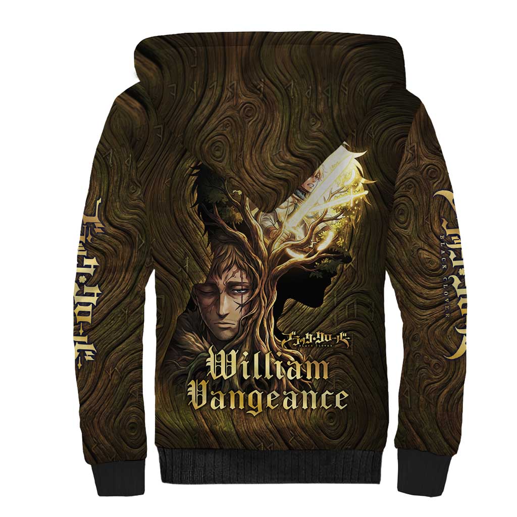 William Vangeance Black Clover Sherpa Hoodie Enchanted Woodgrain Style with Duality and Golden Mask Motif