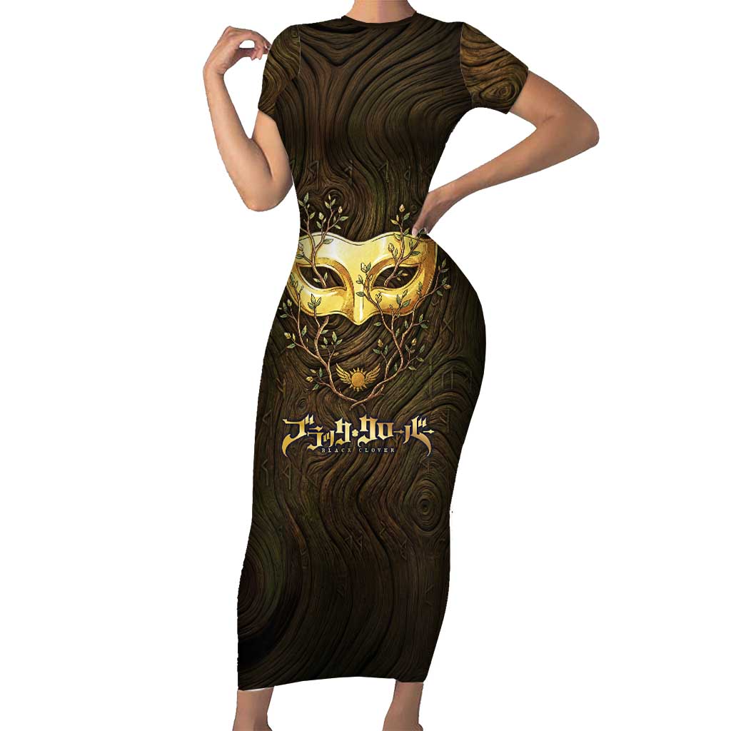 William Vangeance Black Clover Short Sleeve Bodycon Dress Enchanted Woodgrain Style with Duality and Golden Mask Motif
