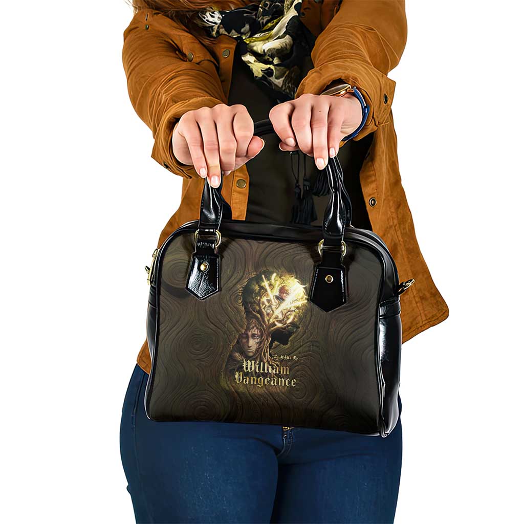 William Vangeance Black Clover Shoulder Handbag Enchanted Woodgrain Style with Duality and Golden Mask Motif