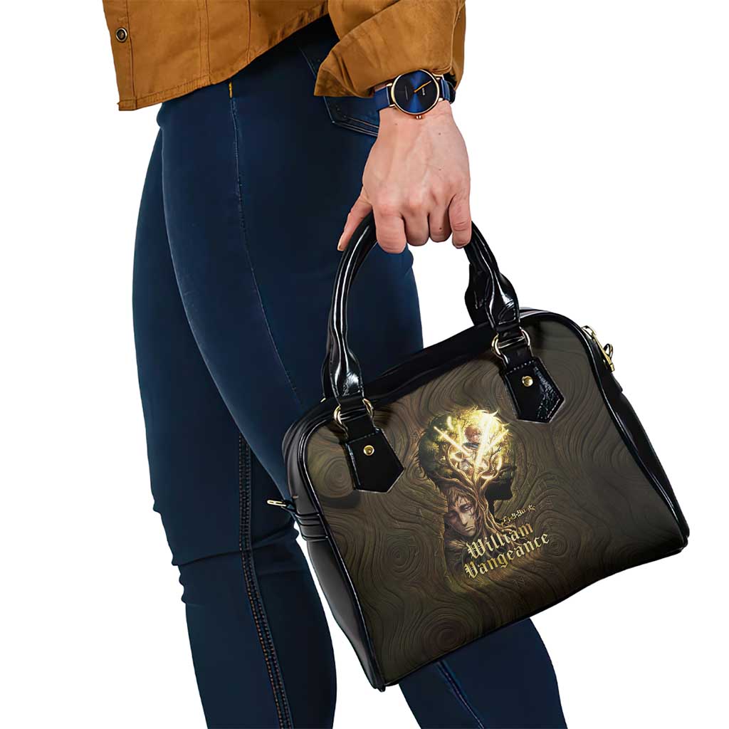 William Vangeance Black Clover Shoulder Handbag Enchanted Woodgrain Style with Duality and Golden Mask Motif