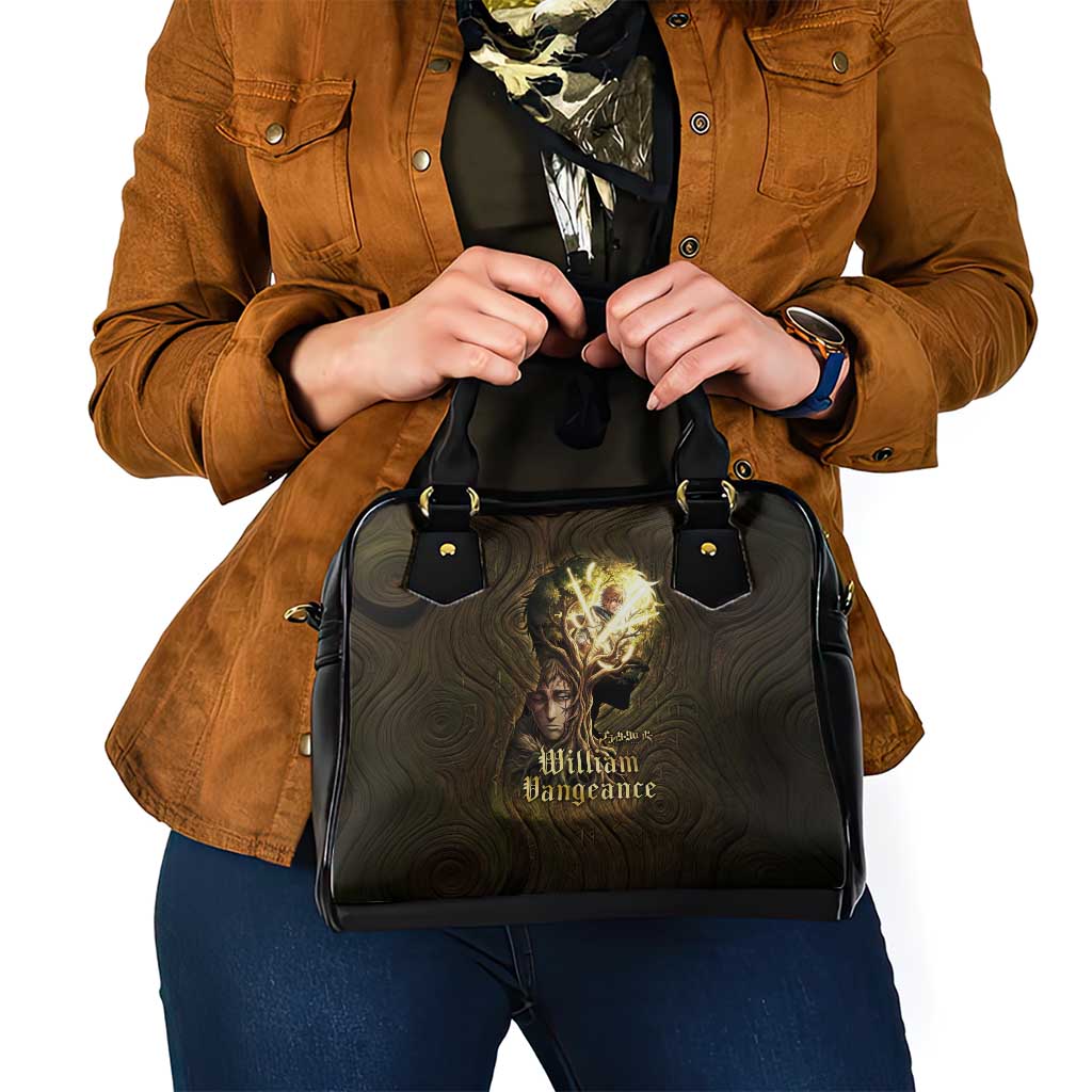 William Vangeance Black Clover Shoulder Handbag Enchanted Woodgrain Style with Duality and Golden Mask Motif
