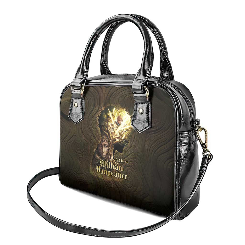 William Vangeance Black Clover Shoulder Handbag Enchanted Woodgrain Style with Duality and Golden Mask Motif