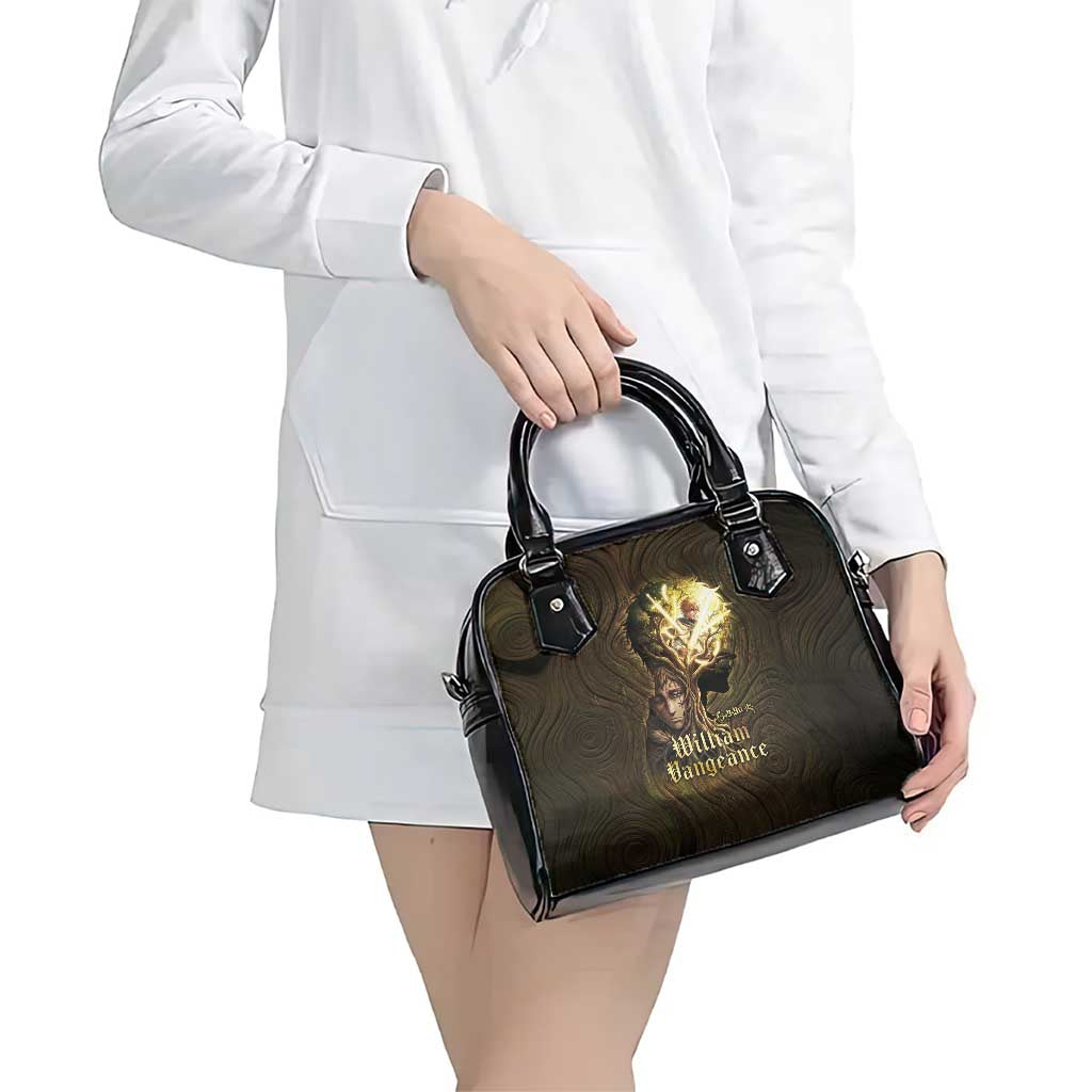 William Vangeance Black Clover Shoulder Handbag Enchanted Woodgrain Style with Duality and Golden Mask Motif