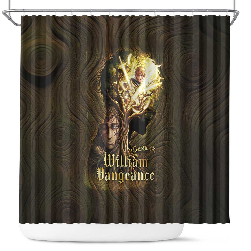 William Vangeance Black Clover Shower Curtain Enchanted Woodgrain Style with Duality and Golden Mask Motif