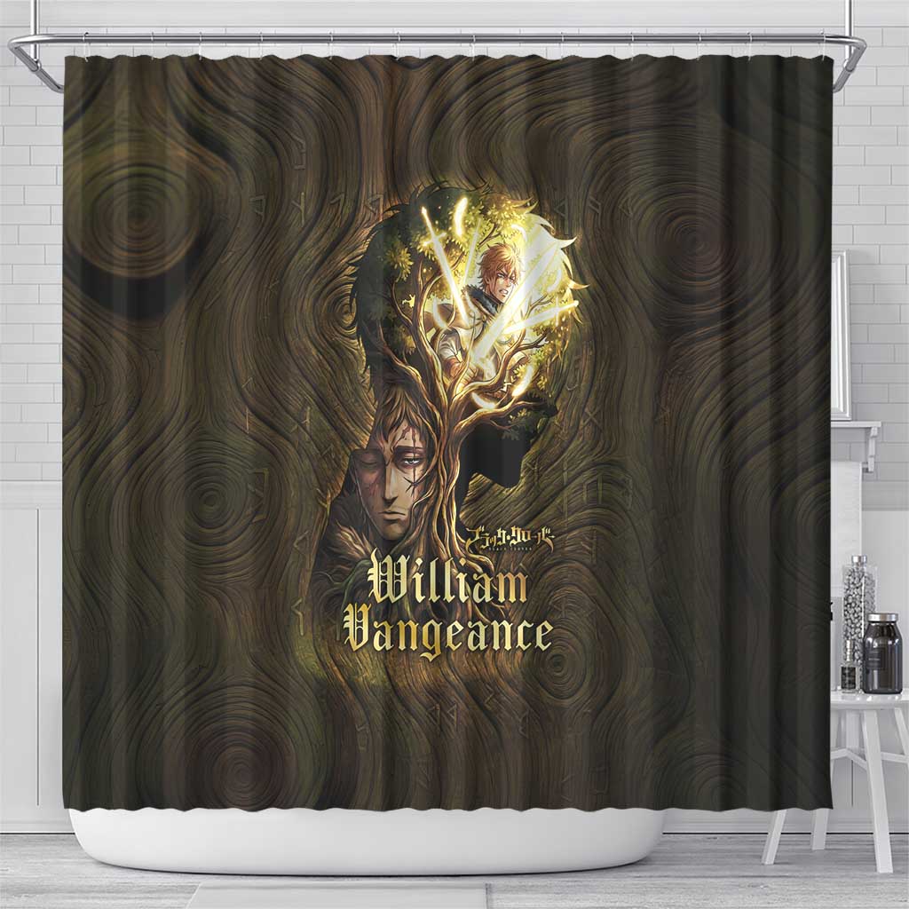 William Vangeance Black Clover Shower Curtain Enchanted Woodgrain Style with Duality and Golden Mask Motif