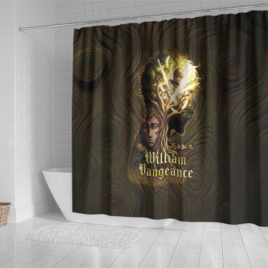 William Vangeance Black Clover Shower Curtain Enchanted Woodgrain Style with Duality and Golden Mask Motif