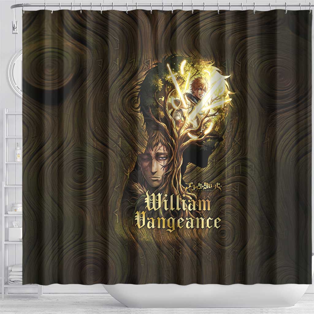 William Vangeance Black Clover Shower Curtain Enchanted Woodgrain Style with Duality and Golden Mask Motif