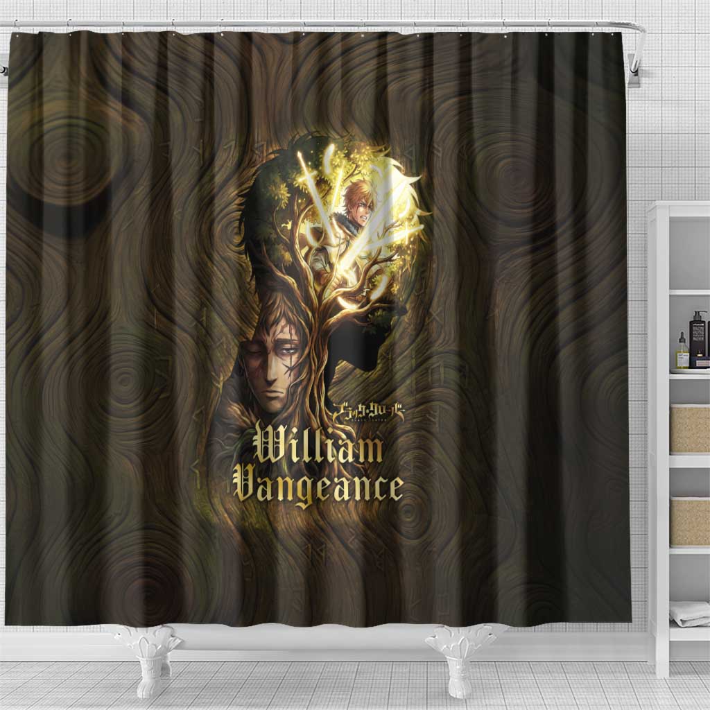 William Vangeance Black Clover Shower Curtain Enchanted Woodgrain Style with Duality and Golden Mask Motif