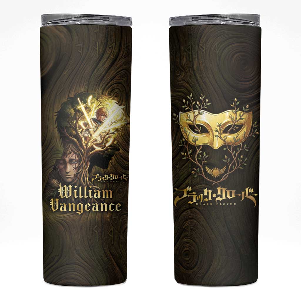 William Vangeance Black Clover Skinny Tumbler Enchanted Woodgrain Style with Duality and Golden Mask Motif