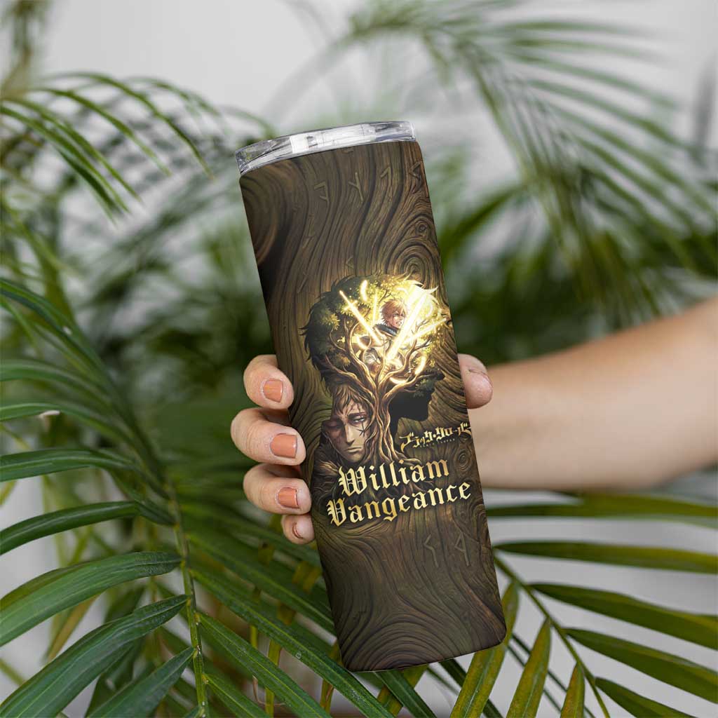 William Vangeance Black Clover Skinny Tumbler Enchanted Woodgrain Style with Duality and Golden Mask Motif