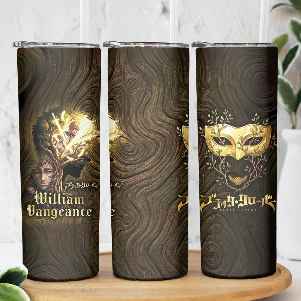 William Vangeance Black Clover Skinny Tumbler Enchanted Woodgrain Style with Duality and Golden Mask Motif