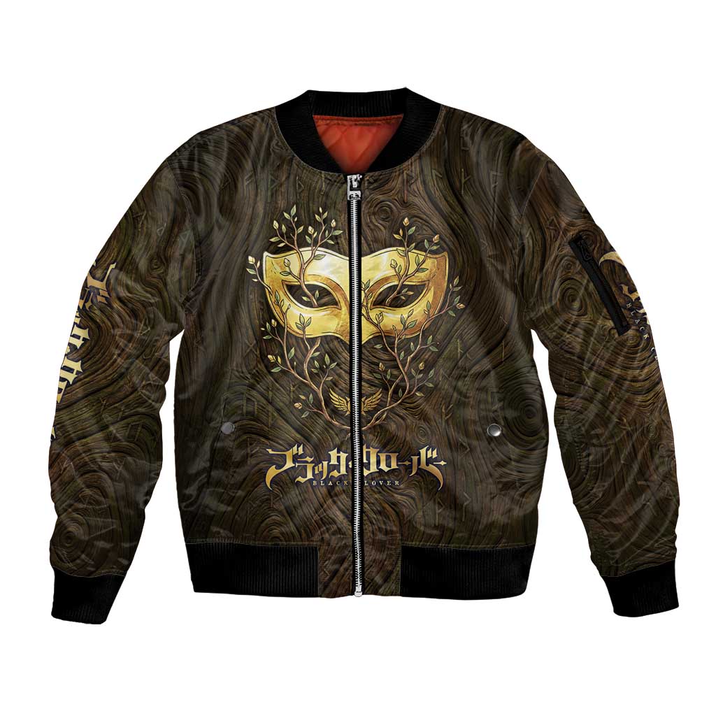 William Vangeance Black Clover Sleeve Zip Bomber Jacket Enchanted Woodgrain Style with Duality and Golden Mask Motif
