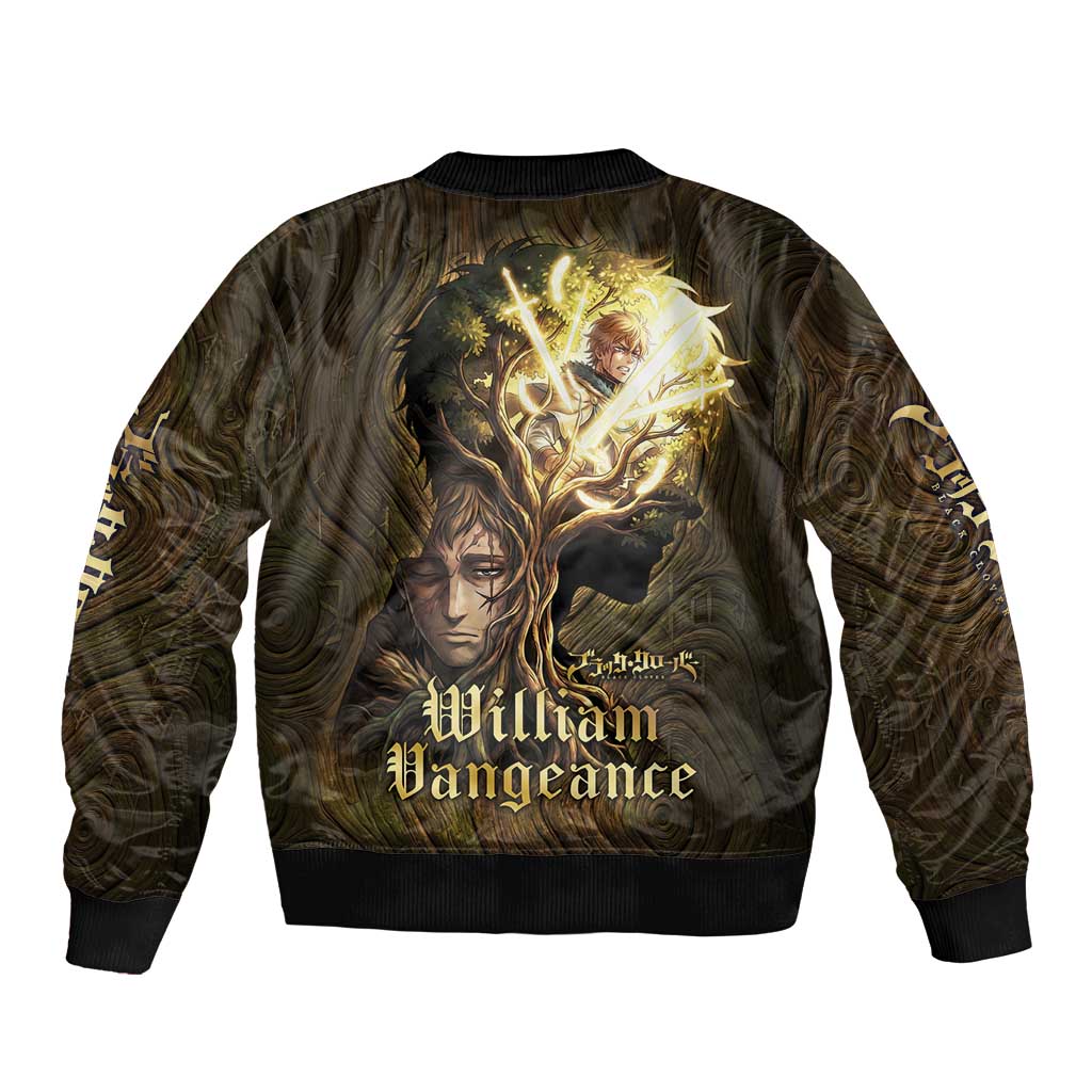William Vangeance Black Clover Sleeve Zip Bomber Jacket Enchanted Woodgrain Style with Duality and Golden Mask Motif