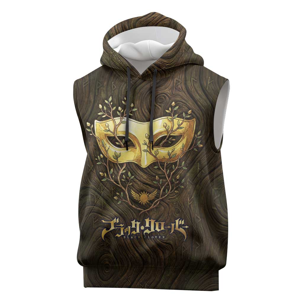 William Vangeance Black Clover Sleeveless Hoodie Enchanted Woodgrain Style with Duality and Golden Mask Motif