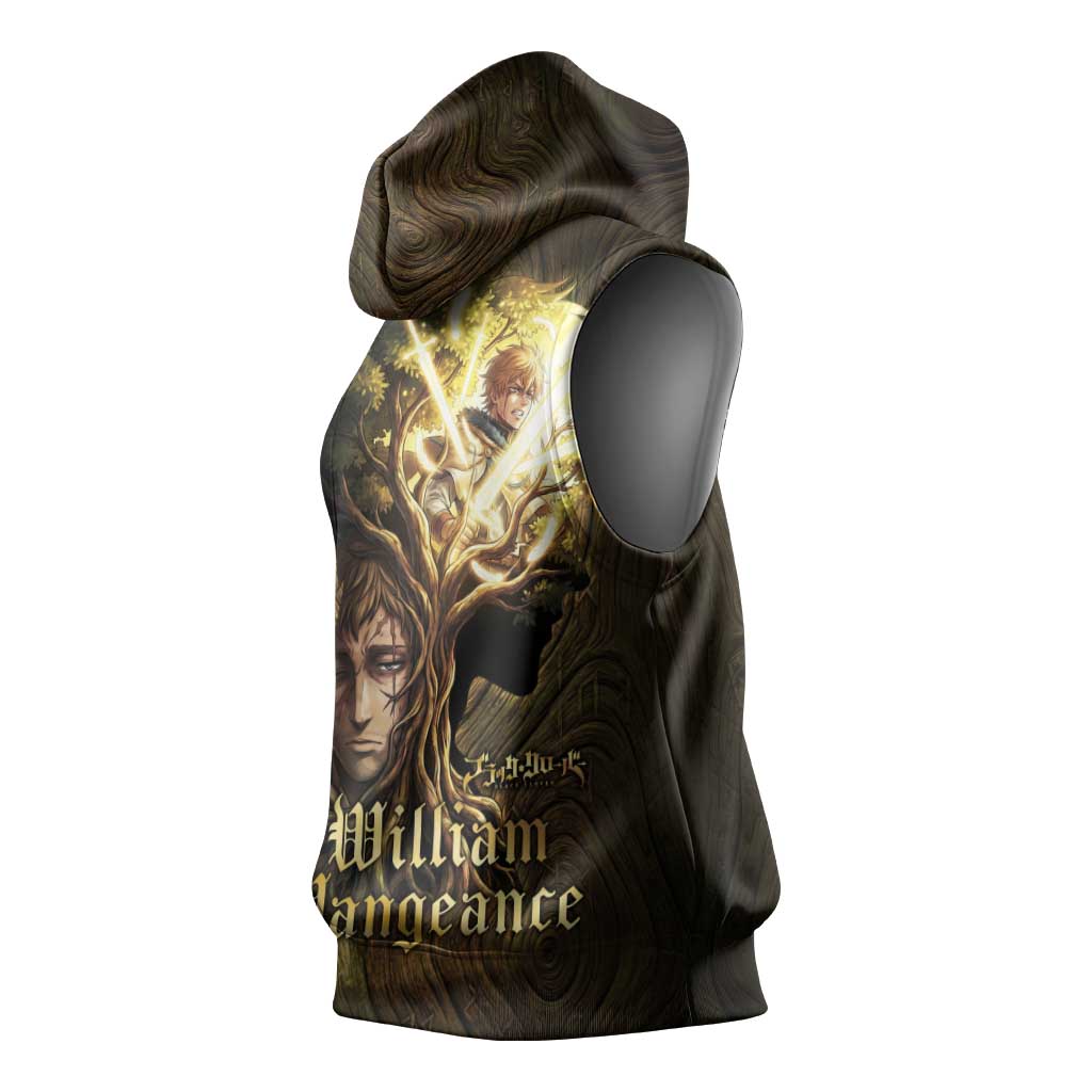 William Vangeance Black Clover Sleeveless Hoodie Enchanted Woodgrain Style with Duality and Golden Mask Motif