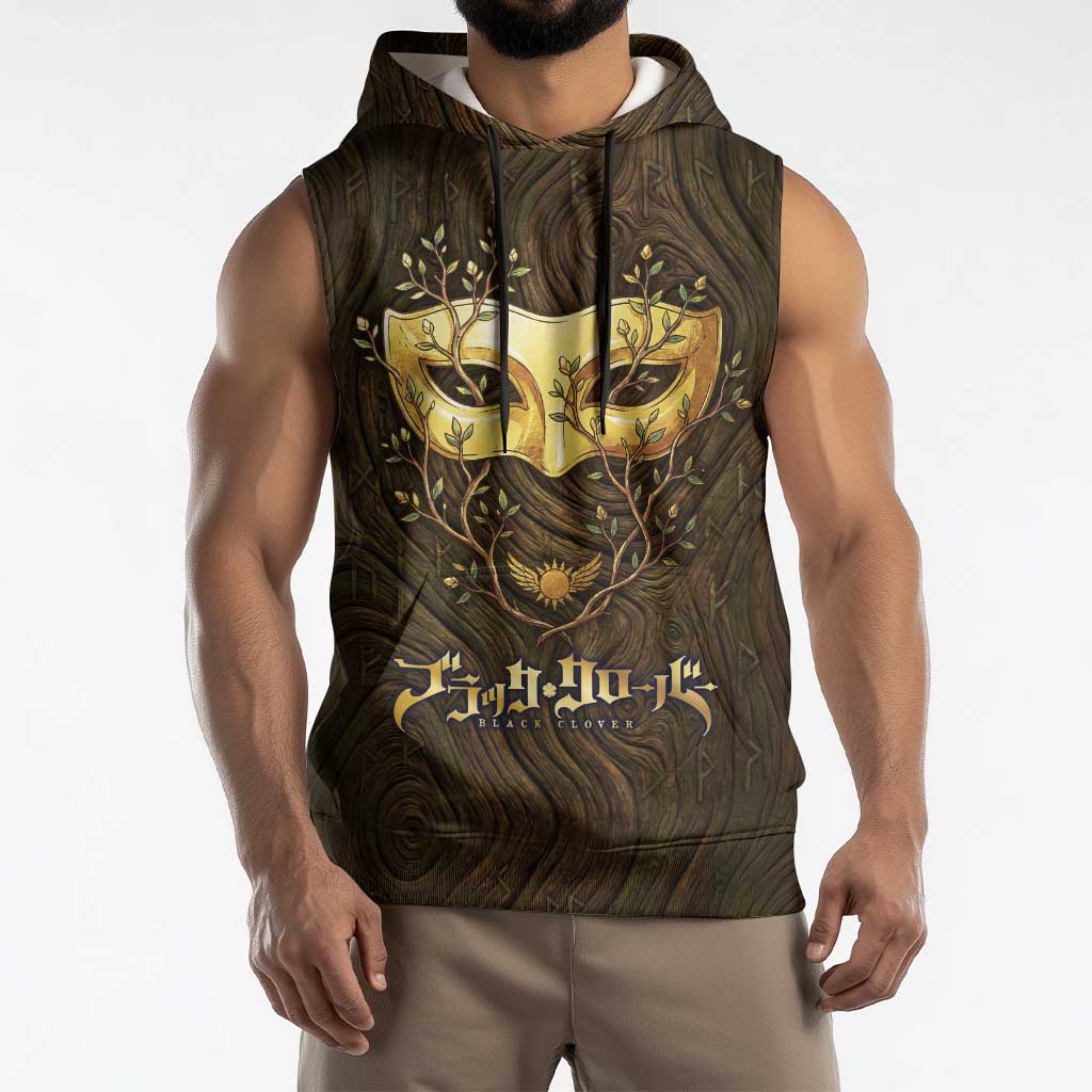 William Vangeance Black Clover Sleeveless Hoodie Enchanted Woodgrain Style with Duality and Golden Mask Motif