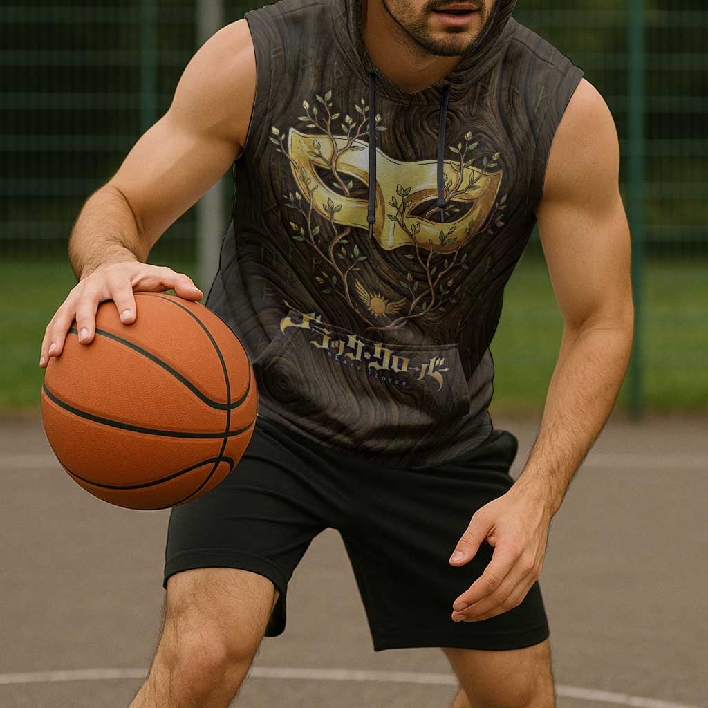 William Vangeance Black Clover Sleeveless Hoodie Enchanted Woodgrain Style with Duality and Golden Mask Motif