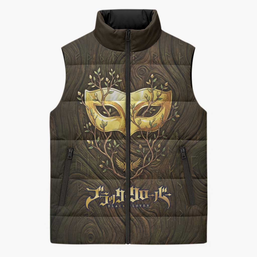 William Vangeance Black Clover Sleeveless Puffer Jacket Enchanted Woodgrain Style with Duality and Golden Mask Motif