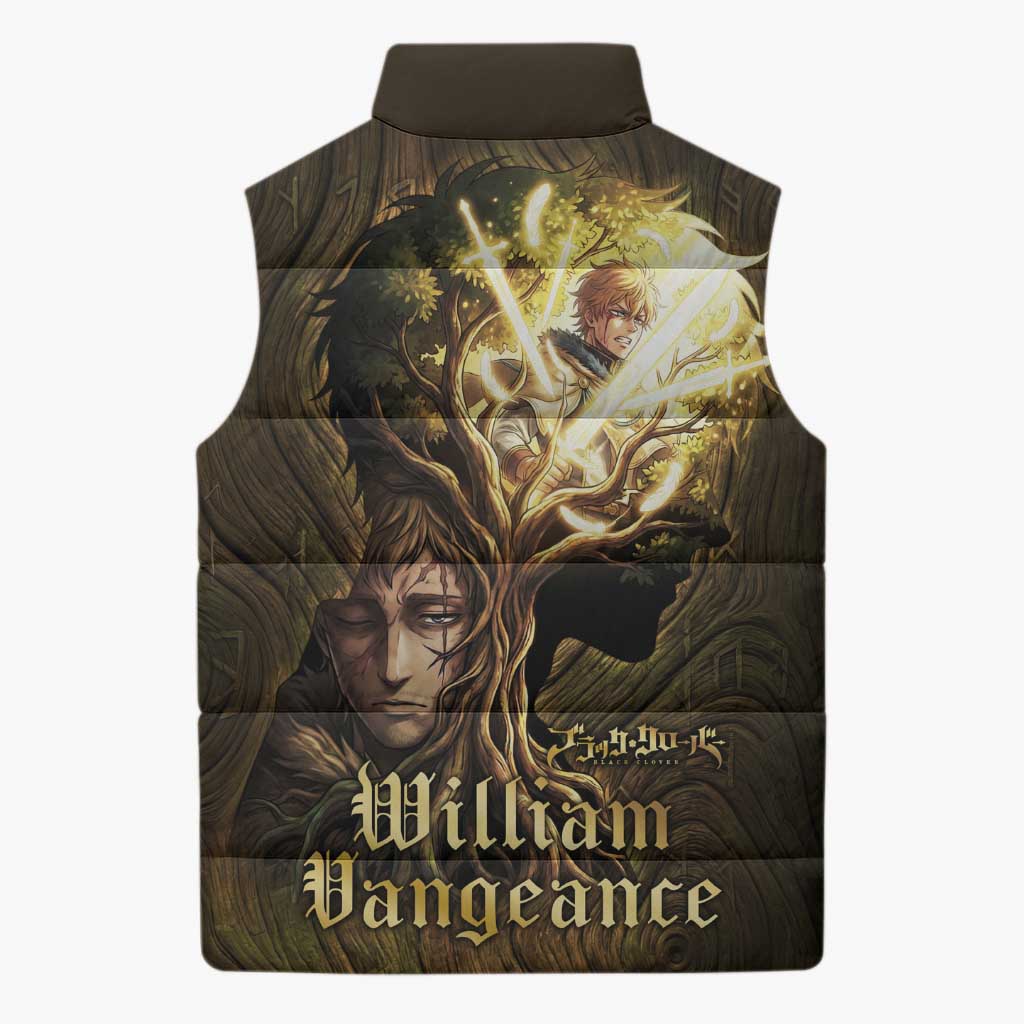 William Vangeance Black Clover Sleeveless Puffer Jacket Enchanted Woodgrain Style with Duality and Golden Mask Motif