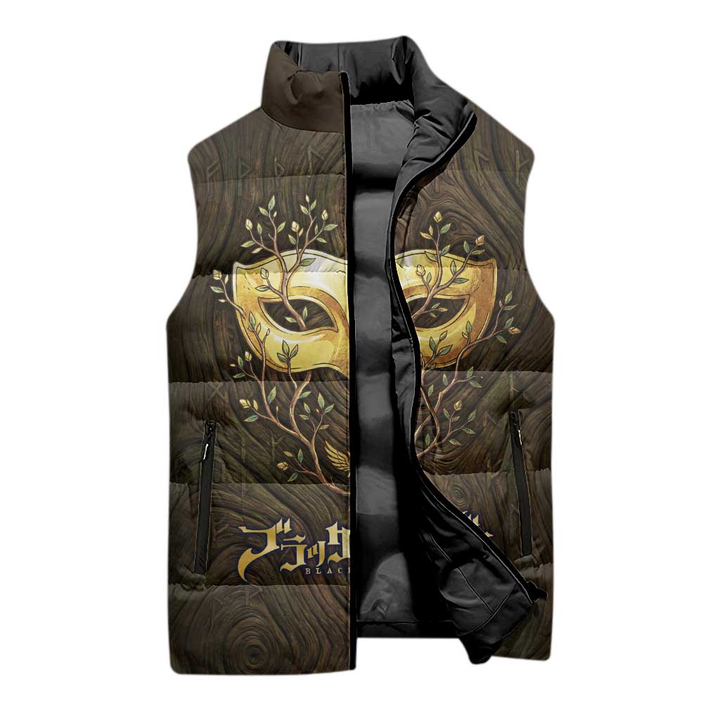 William Vangeance Black Clover Sleeveless Puffer Jacket Enchanted Woodgrain Style with Duality and Golden Mask Motif