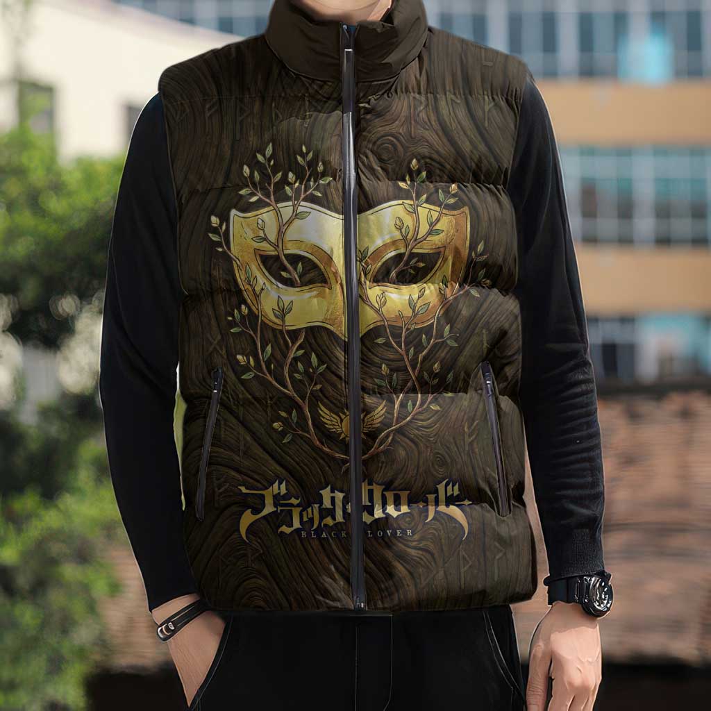 William Vangeance Black Clover Sleeveless Puffer Jacket Enchanted Woodgrain Style with Duality and Golden Mask Motif