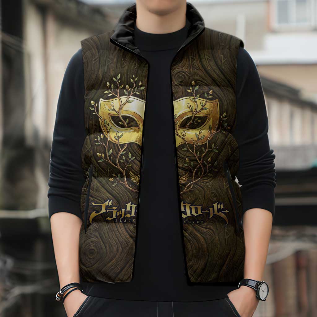 William Vangeance Black Clover Sleeveless Puffer Jacket Enchanted Woodgrain Style with Duality and Golden Mask Motif