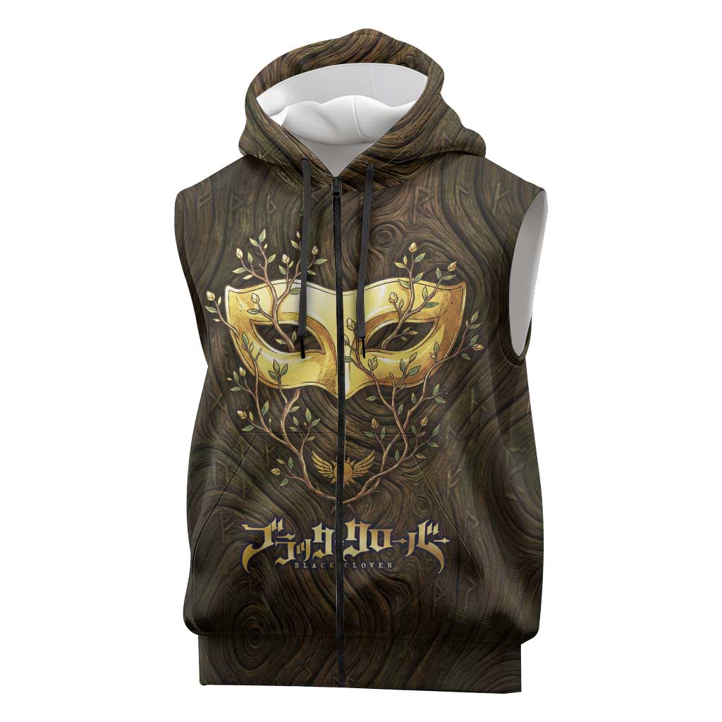 William Vangeance Black Clover Sleeveless Zip Hoodie Enchanted Woodgrain Style with Duality and Golden Mask Motif