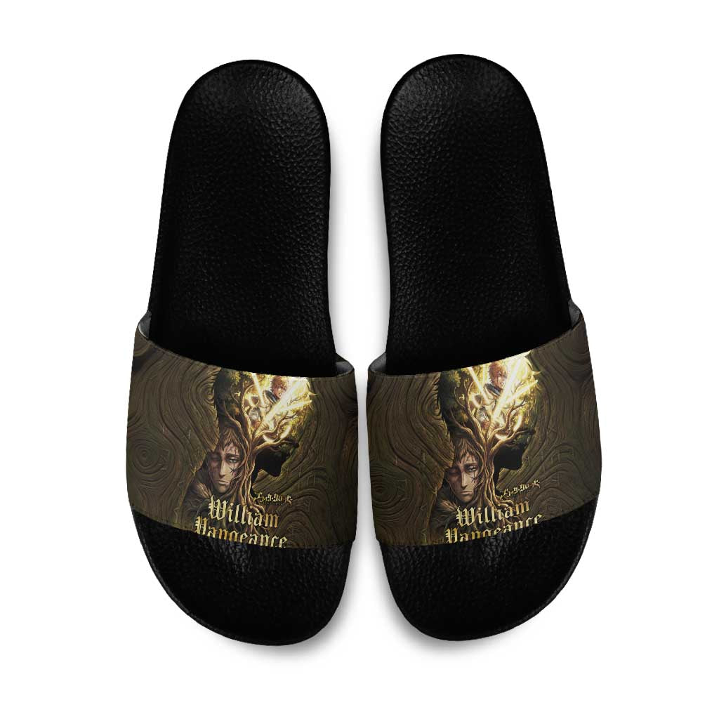 William Vangeance Black Clover Slide Sandals Enchanted Woodgrain Style with Duality and Golden Mask Motif