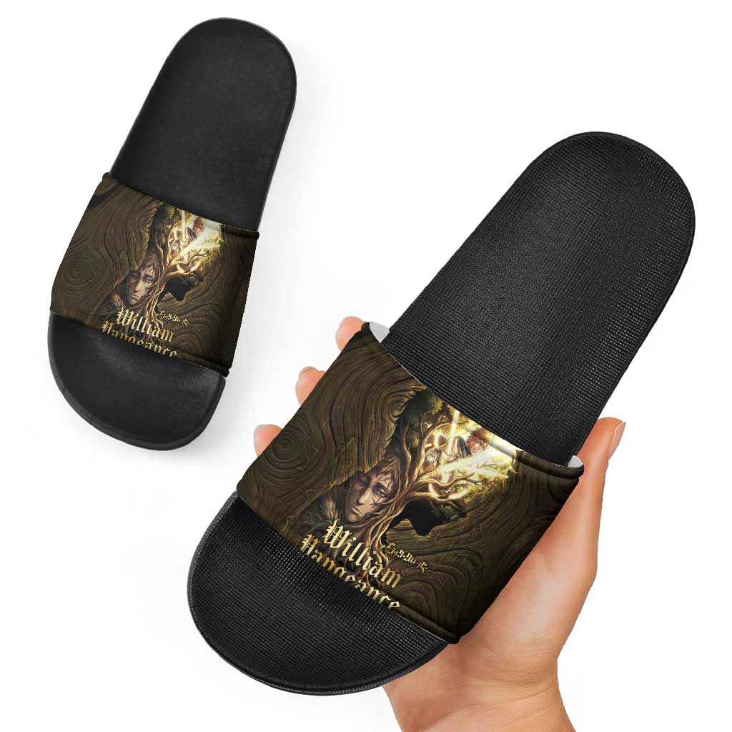 William Vangeance Black Clover Slide Sandals Enchanted Woodgrain Style with Duality and Golden Mask Motif