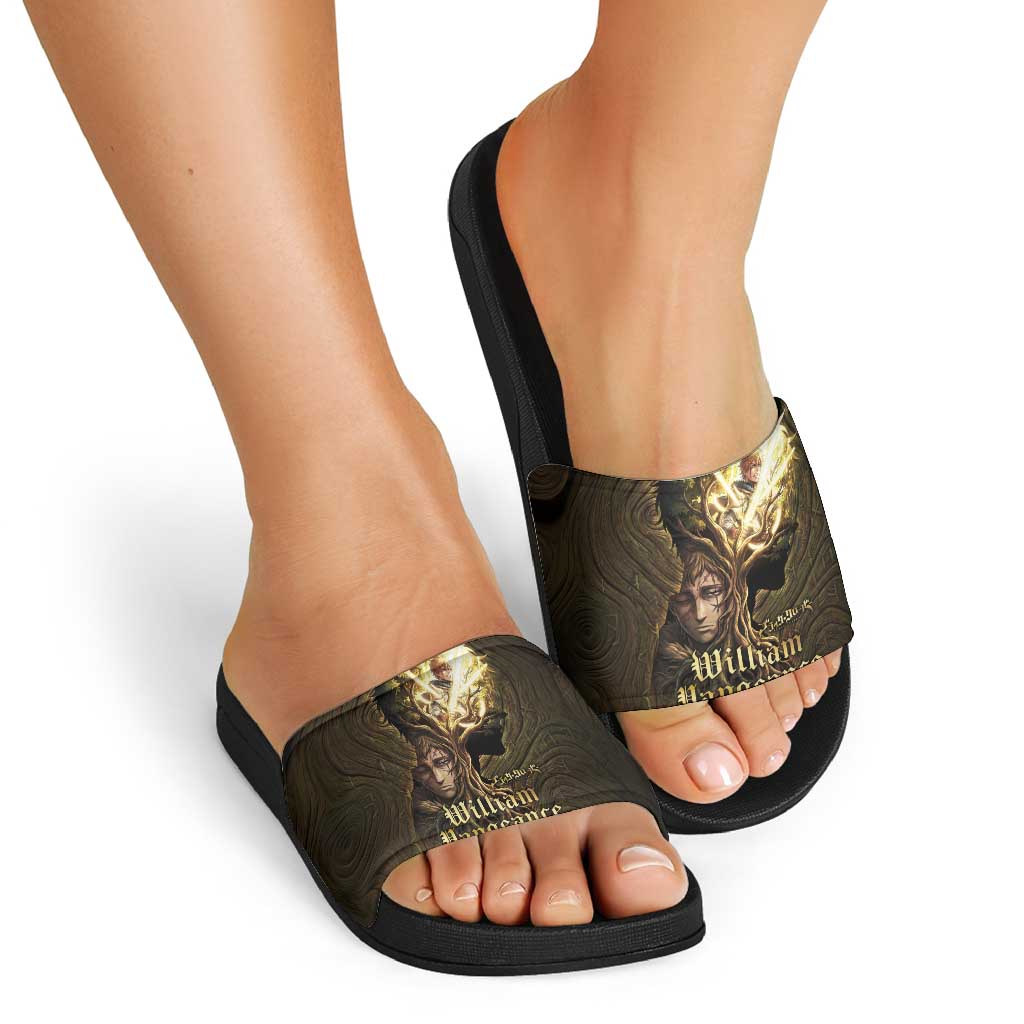 William Vangeance Black Clover Slide Sandals Enchanted Woodgrain Style with Duality and Golden Mask Motif