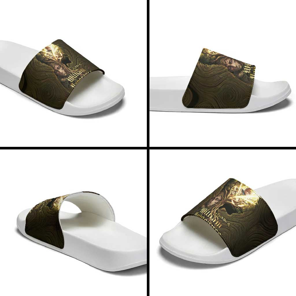 William Vangeance Black Clover Slide Sandals Enchanted Woodgrain Style with Duality and Golden Mask Motif