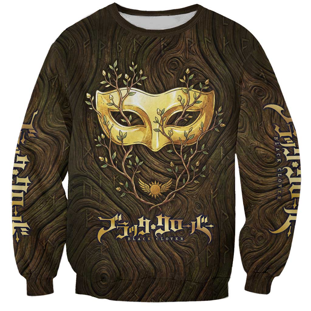 William Vangeance Black Clover Sweatshirt Enchanted Woodgrain Style with Duality and Golden Mask Motif