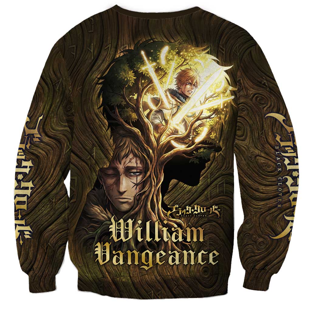 William Vangeance Black Clover Sweatshirt Enchanted Woodgrain Style with Duality and Golden Mask Motif