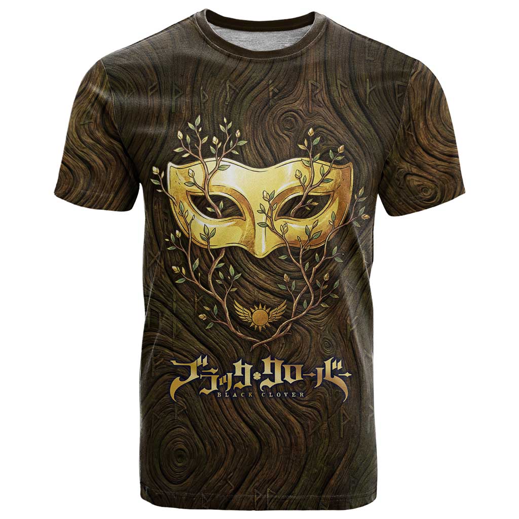 William Vangeance Black Clover T Shirt Enchanted Woodgrain Style with Duality and Golden Mask Motif
