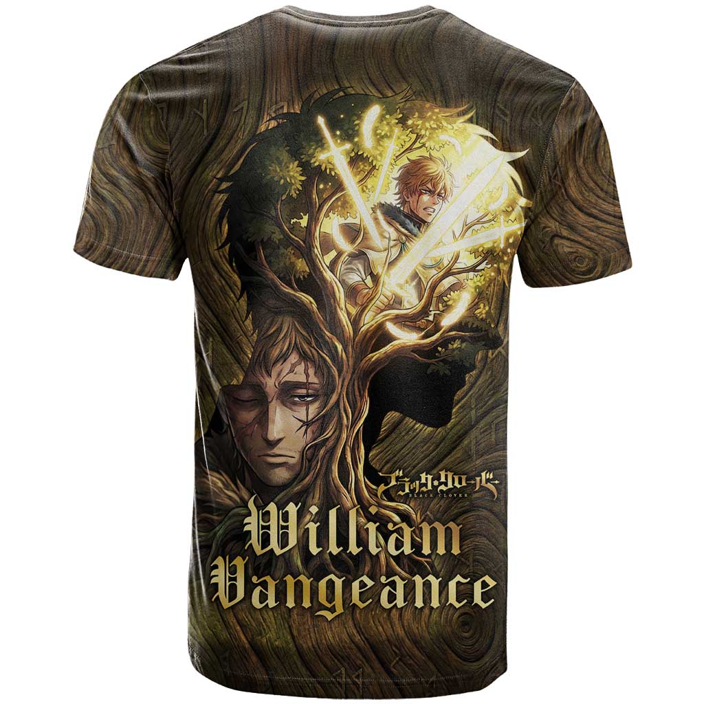 William Vangeance Black Clover T Shirt Enchanted Woodgrain Style with Duality and Golden Mask Motif