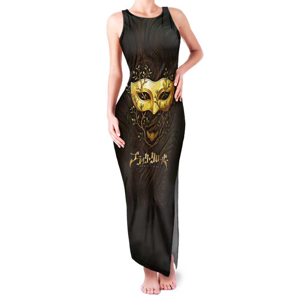 William Vangeance Black Clover Tank Maxi Dress Enchanted Woodgrain Style with Duality and Golden Mask Motif