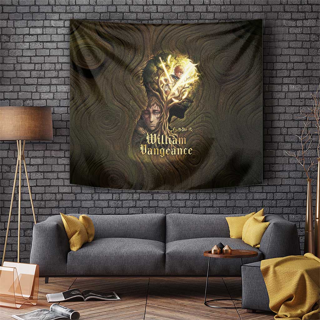 William Vangeance Black Clover Tapestry Enchanted Woodgrain Style with Duality and Golden Mask Motif