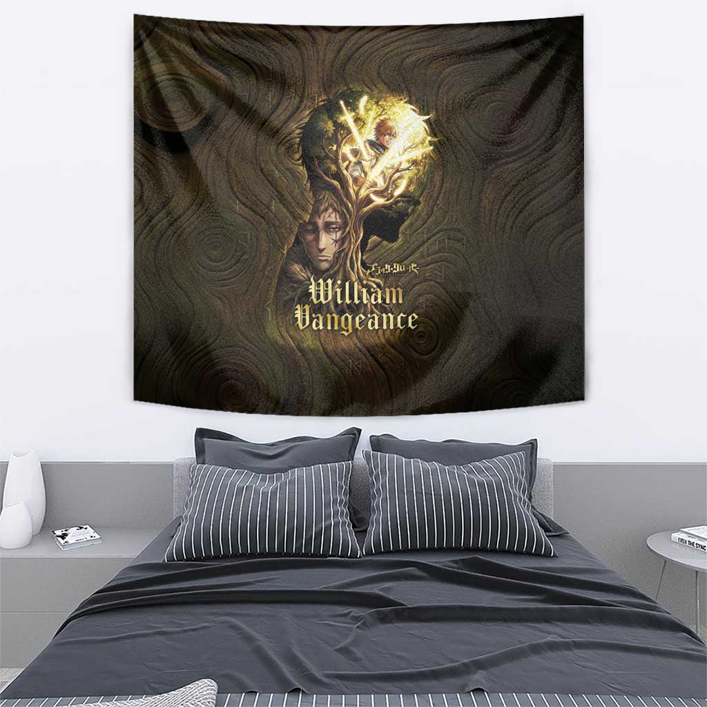William Vangeance Black Clover Tapestry Enchanted Woodgrain Style with Duality and Golden Mask Motif