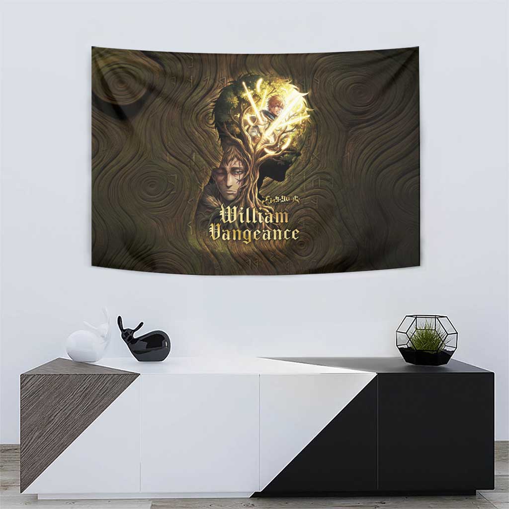 William Vangeance Black Clover Tapestry Enchanted Woodgrain Style with Duality and Golden Mask Motif