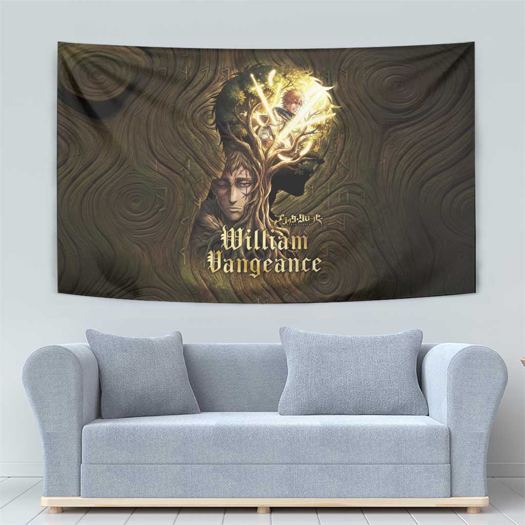 William Vangeance Black Clover Tapestry Enchanted Woodgrain Style with Duality and Golden Mask Motif