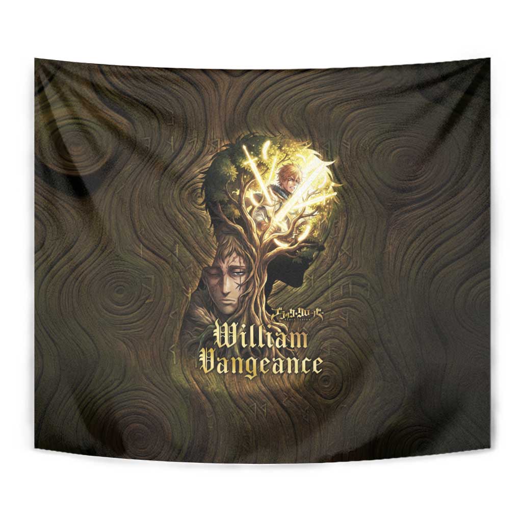 William Vangeance Black Clover Tapestry Enchanted Woodgrain Style with Duality and Golden Mask Motif